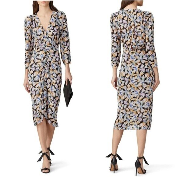 Rebecca Taylor Fleur Silk Bow Ruffle Midi Dress 6 Jacquard Floral Ruched - Picture 1 of 13